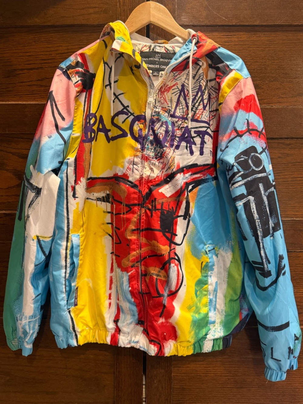 Members Only large Jean Michel Basquiat Multicolor Graphic Zip windbreaker hood